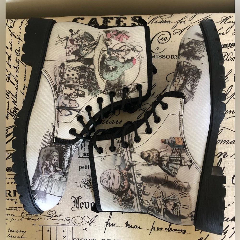 RESTOCK; Combat; “Alice in Wonderland” Theme; Vegan Leather;White w/Black Edging